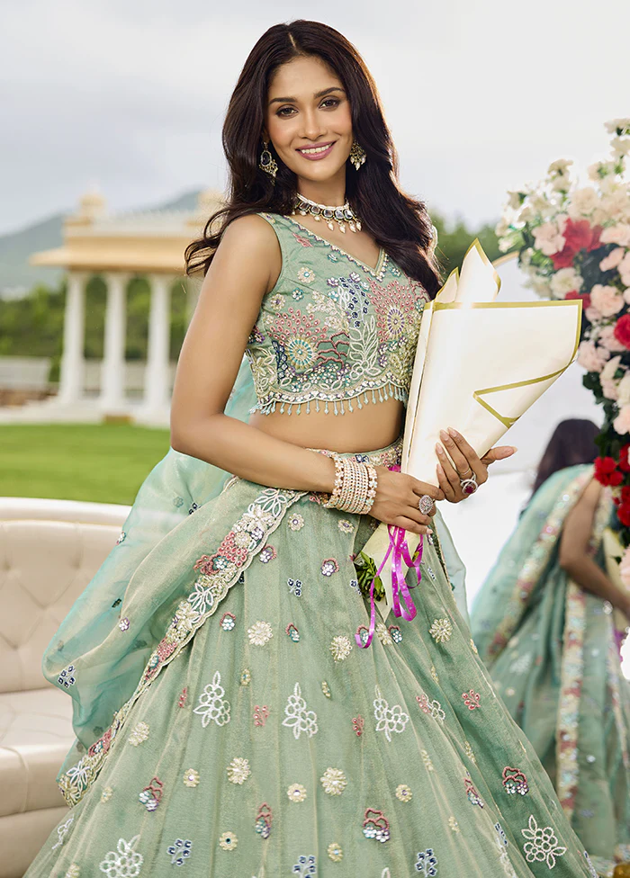 Green Blended Silk Lehenga Set - Image 2