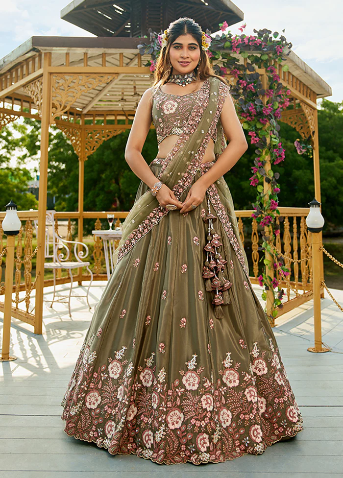 Green Blended Silk Lehenga Set