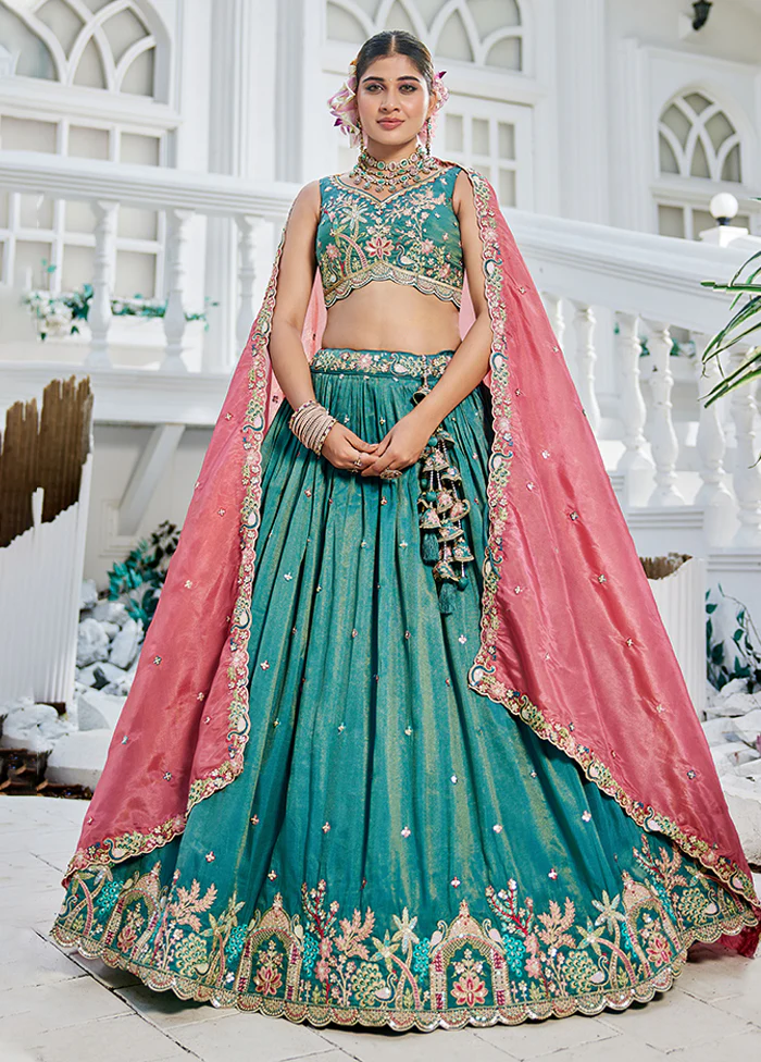 Green Blended Silk Lehenga Set