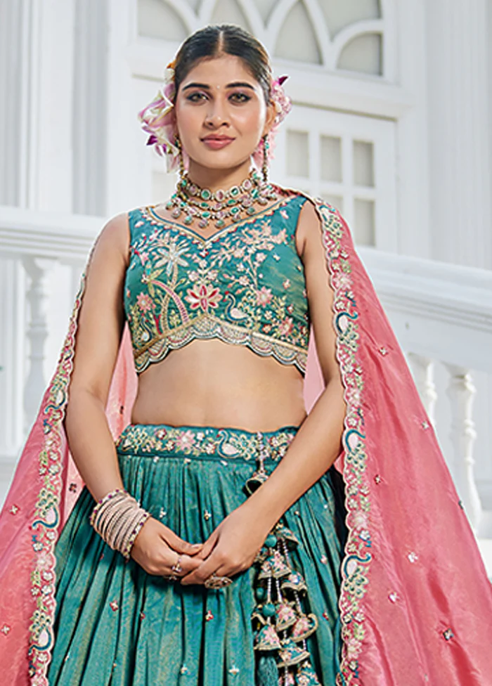 Green Blended Silk Lehenga Set - Image 2