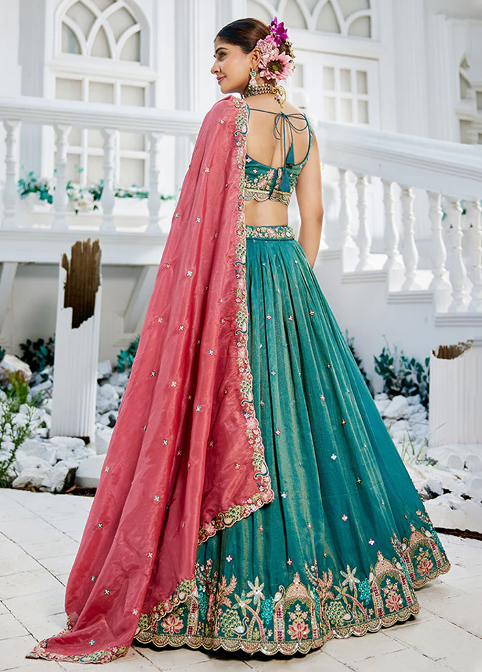 Green Blended Silk Lehenga Set - Image 3