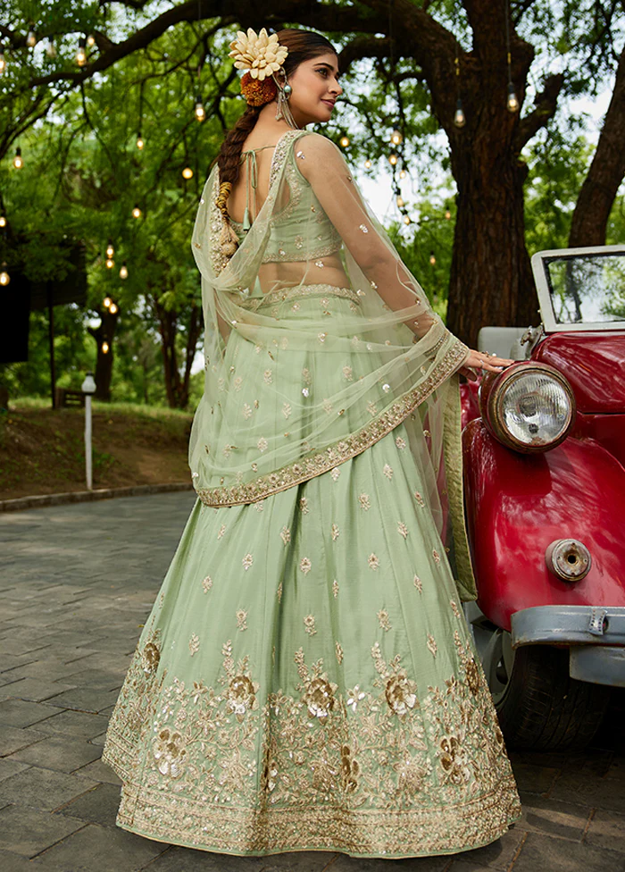 Green Blended Silk Lehenga Set - Image 3