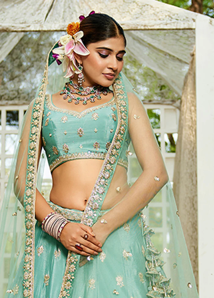 Green Blended Silk Lehenga Set - Image 2