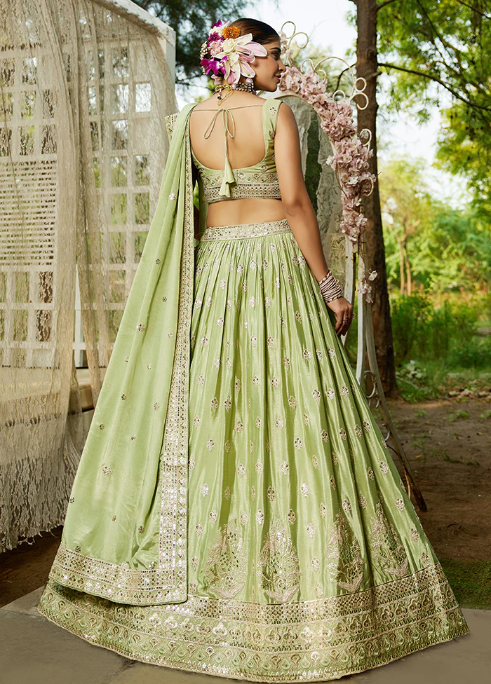 Green Blended Silk Lehenga Set - Image 3