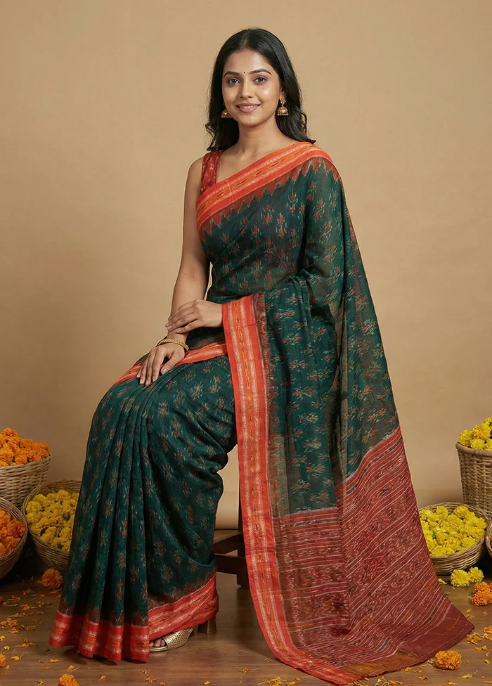 Green Bomkai Silk Saree Without Blouse Piece - Image 3