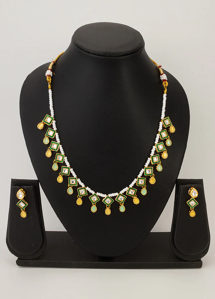 Green Brass Kundan Stone Work Necklace - Image 2