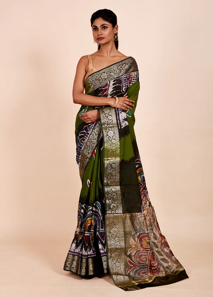 Green Chanderi Cotton Saree With Blouse Piece - Image 2
