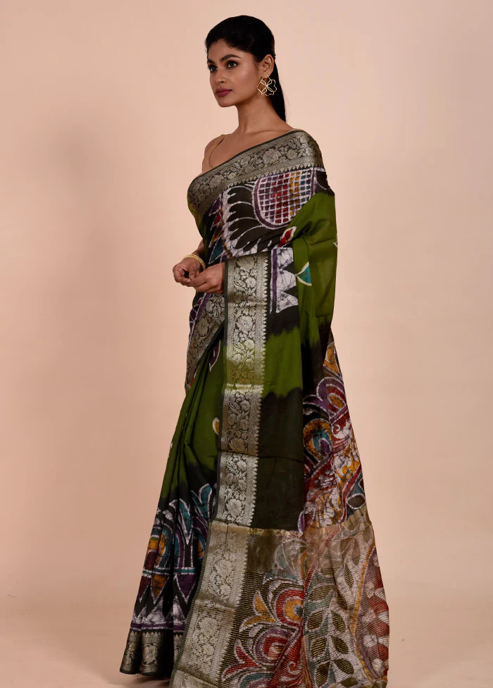 Green Chanderi Cotton Saree With Blouse Piece - Image 4
