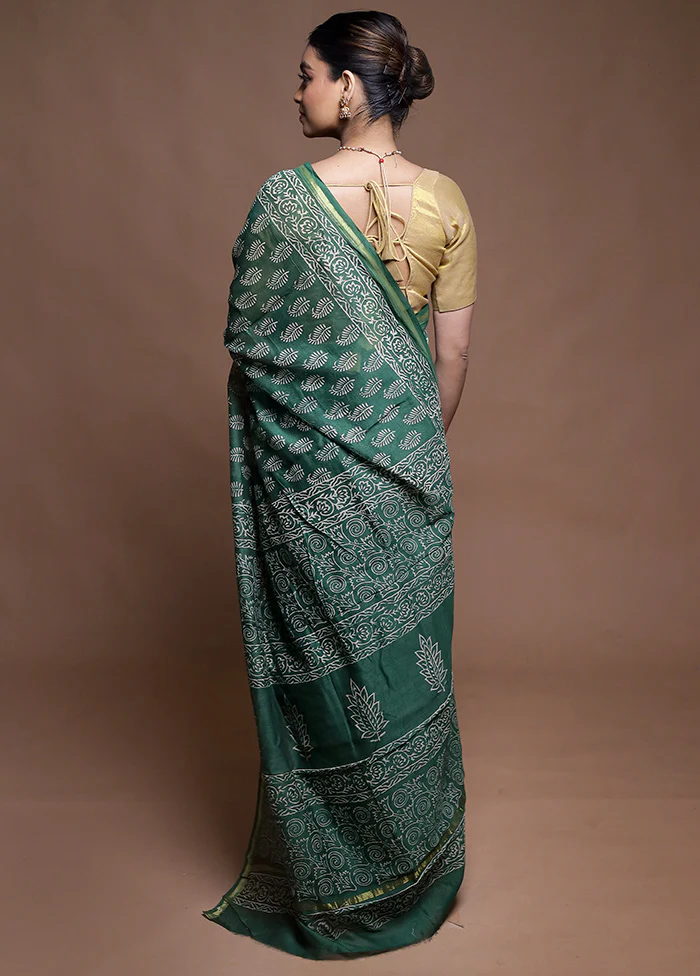 Green Chanderi Cotton Saree With Blouse Piece - Image 3