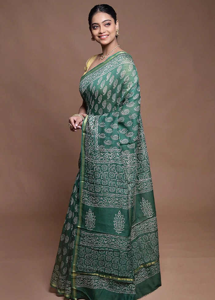 Green Chanderi Cotton Saree With Blouse Piece - Image 4