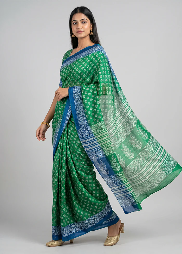 Green Chanderi Cotton Saree With Blouse Piece