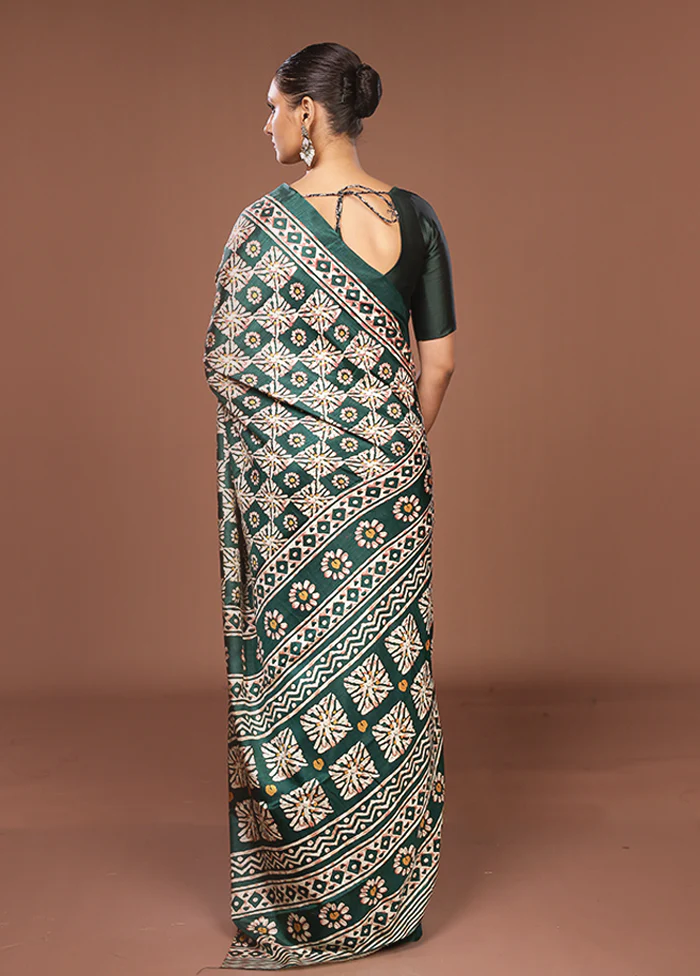 Green Chanderi Cotton Saree With Blouse Piece - Image 3