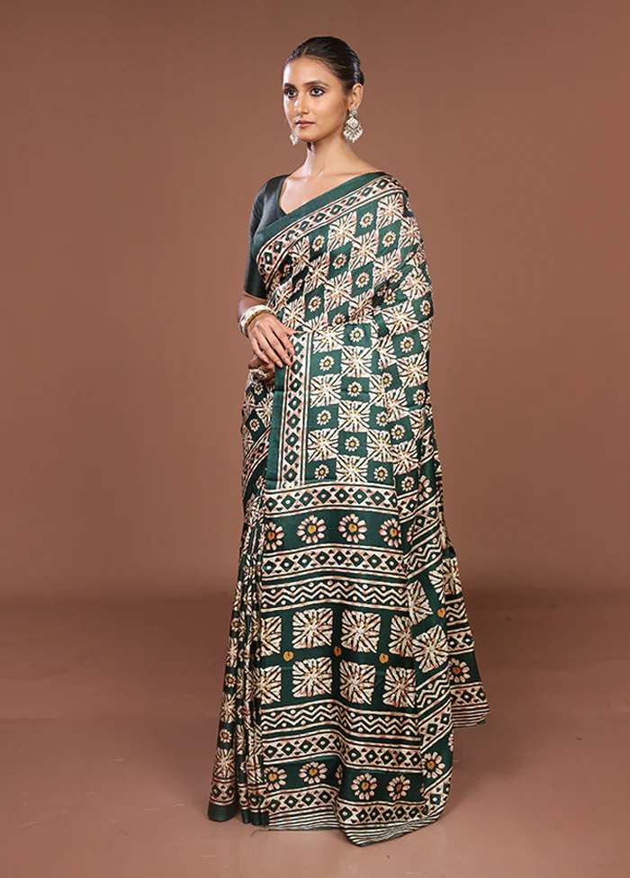 Green Chanderi Cotton Saree With Blouse Piece - Image 4