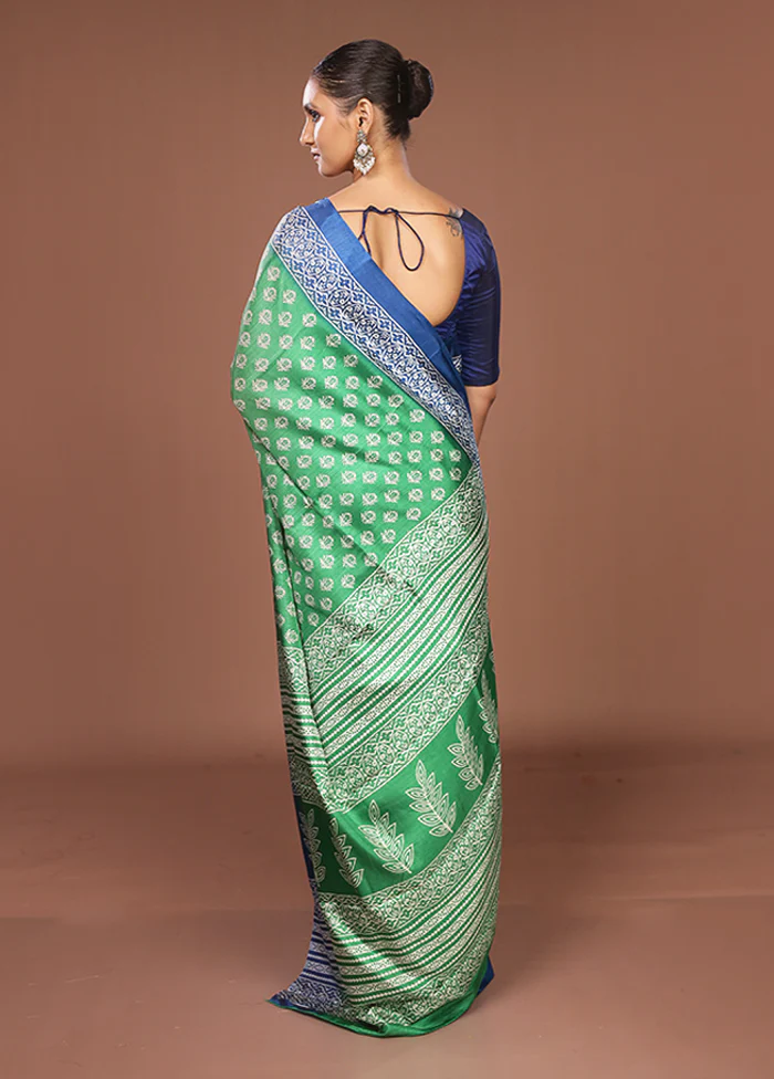 Green Chanderi Cotton Saree With Blouse Piece - Image 3