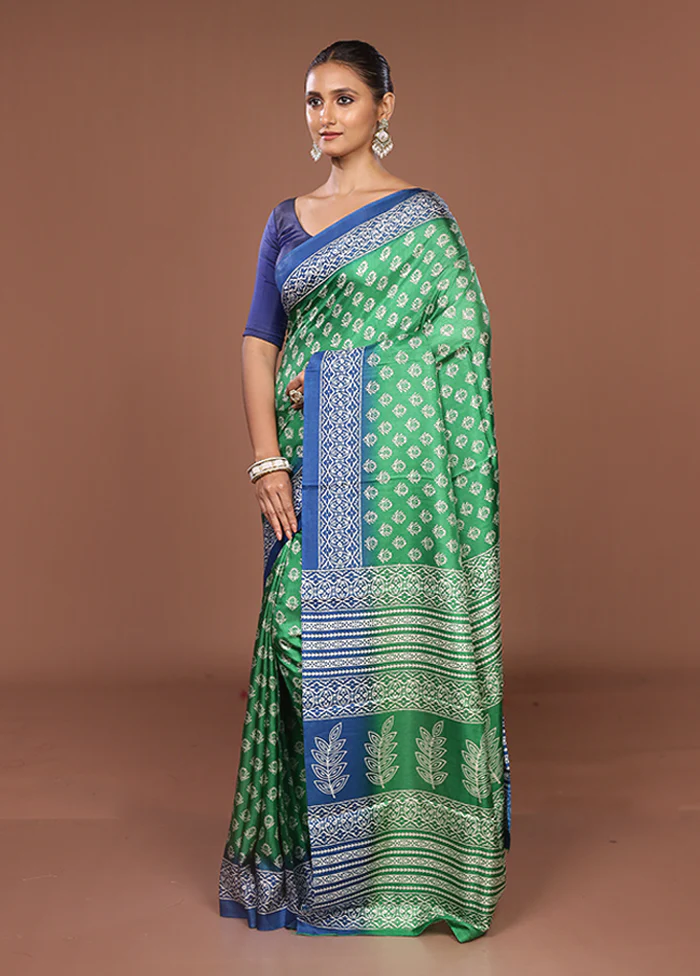 Green Chanderi Cotton Saree With Blouse Piece - Image 4