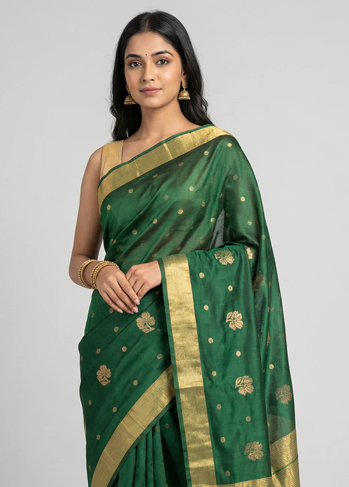 Green Chanderi Silk Saree With Blouse Piece - Image 2
