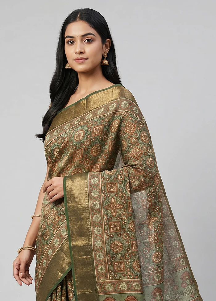 Green Chanderi Silk Saree With Blouse Piece - Image 2