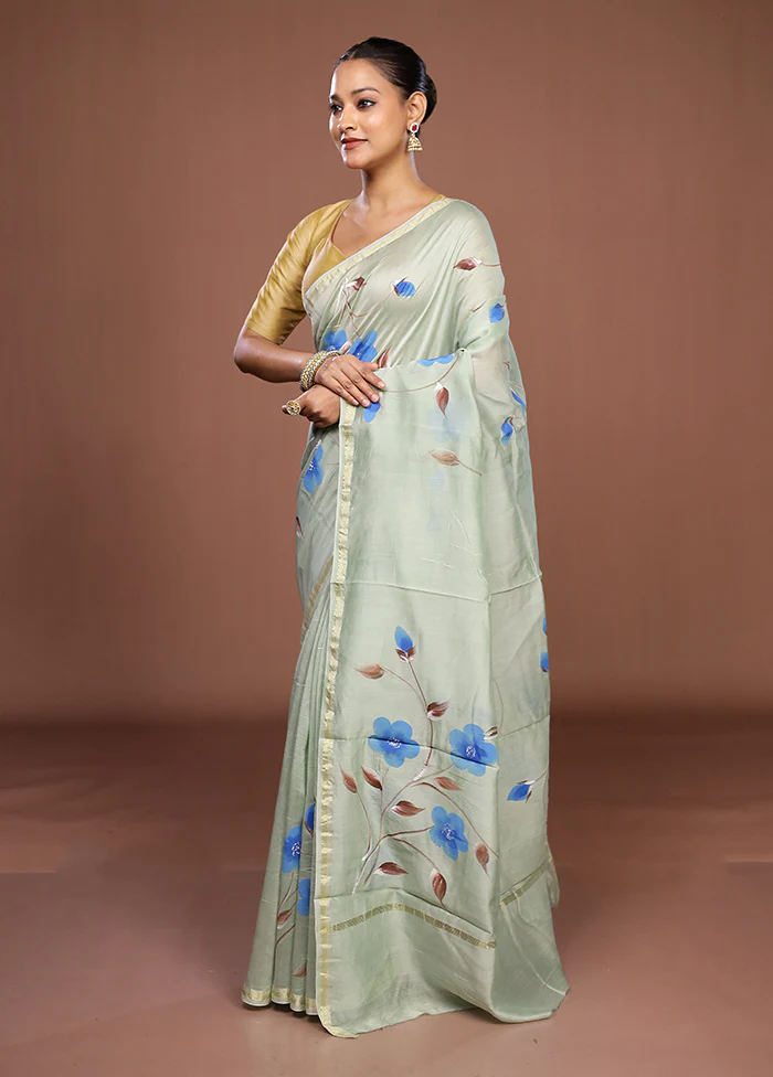 Green Chanderi Silk Saree With Blouse Piece - Image 4
