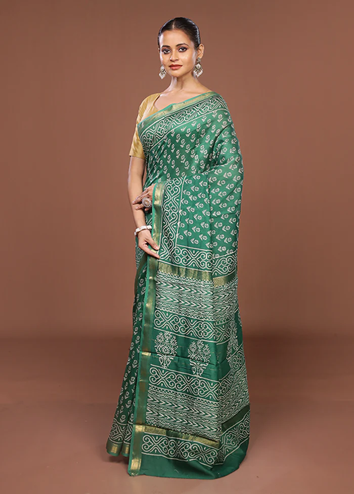 Green Chanderi Silk Saree With Blouse Piece - Image 4