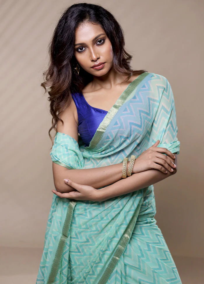 Green Chiffon Pure Silk Saree With Blouse Piece