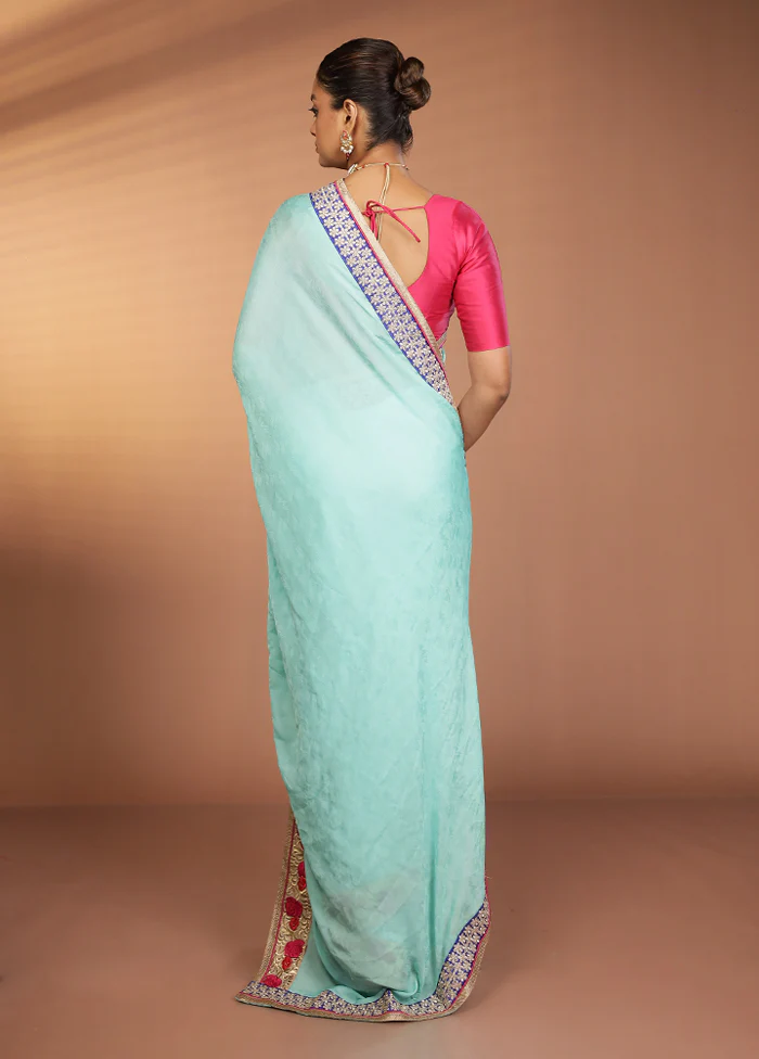 Green Chiffon Silk Saree With Blouse Piece - Image 3