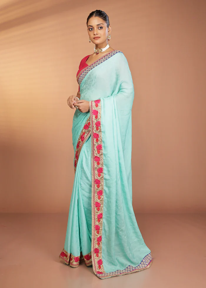 Green Chiffon Silk Saree With Blouse Piece - Image 4
