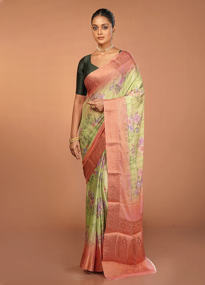 Green Chiffon Silk Saree With Blouse Piece - Image 2