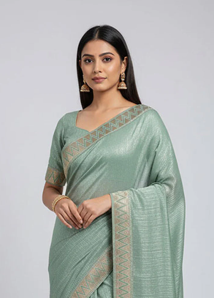 Green Chiffon Silk Saree With Blouse Piece - Image 2