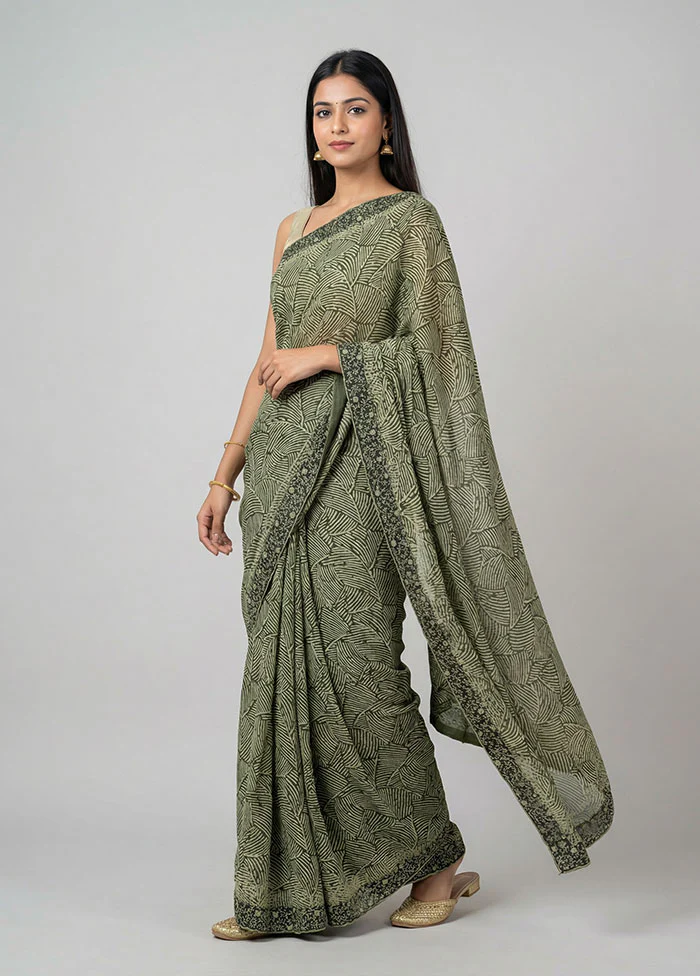Green Chiffon Silk Saree With Blouse Piece