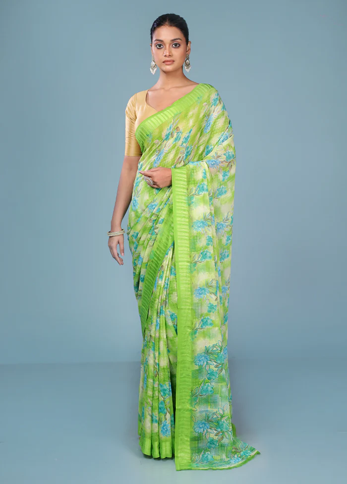 Green Chiffon Silk Saree With Blouse Piece - Image 2