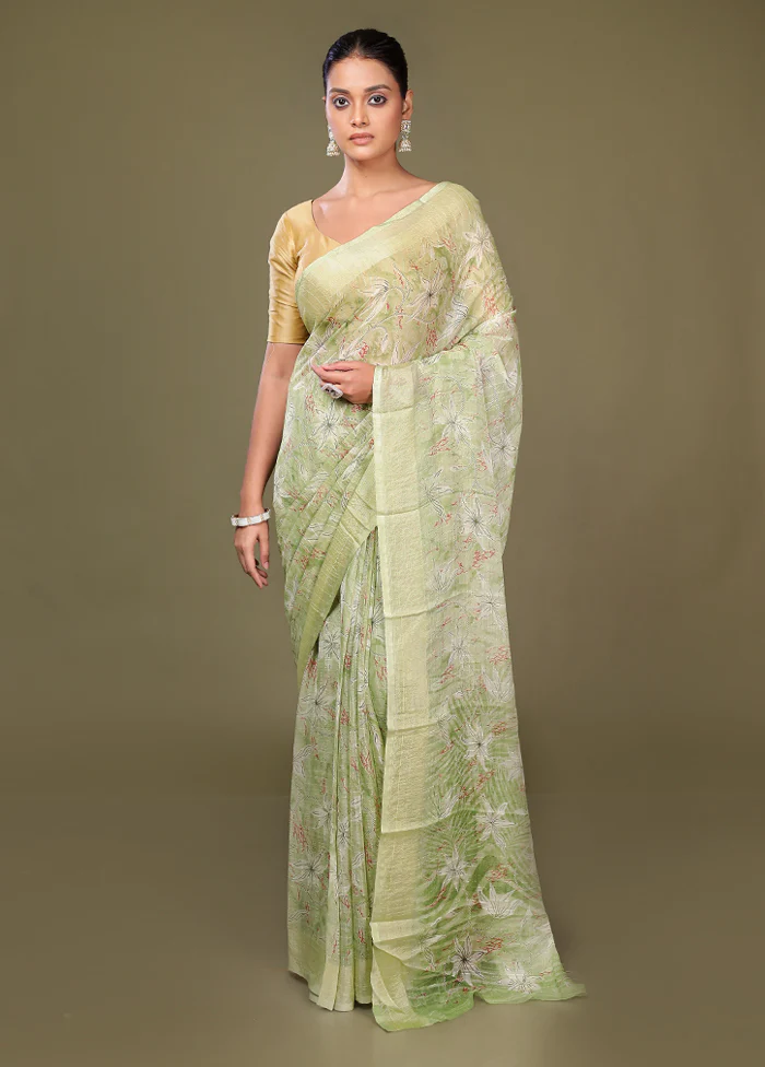 Green Chiffon Silk Saree With Blouse Piece - Image 2