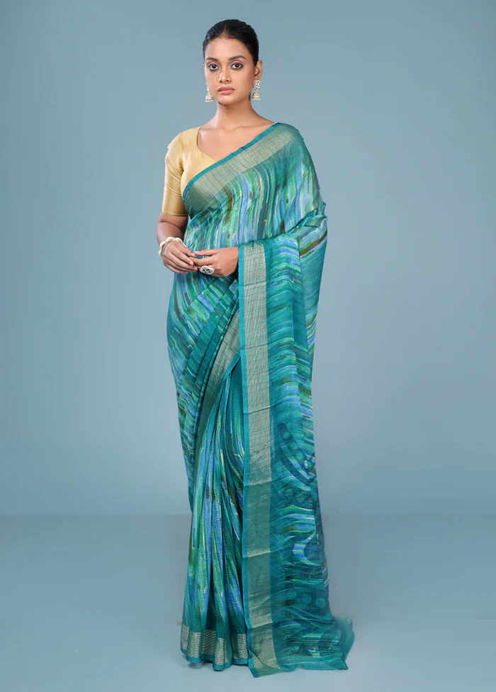 Green Chiffon Silk Saree With Blouse Piece - Image 2
