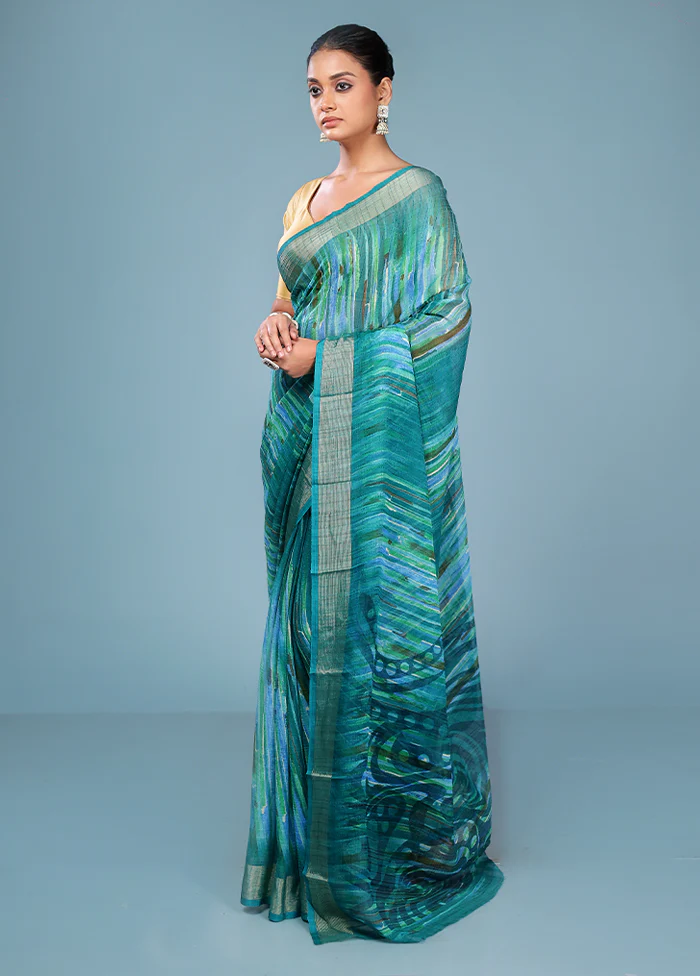 Green Chiffon Silk Saree With Blouse Piece - Image 4