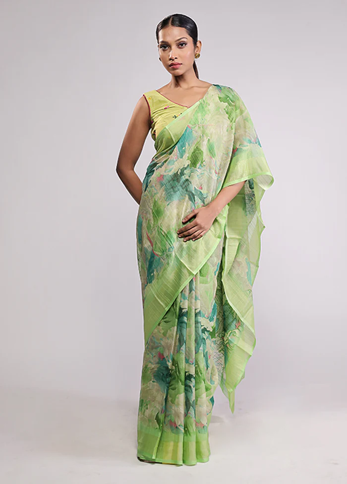 Green Chiffon Silk Saree With Blouse Piece - Image 2
