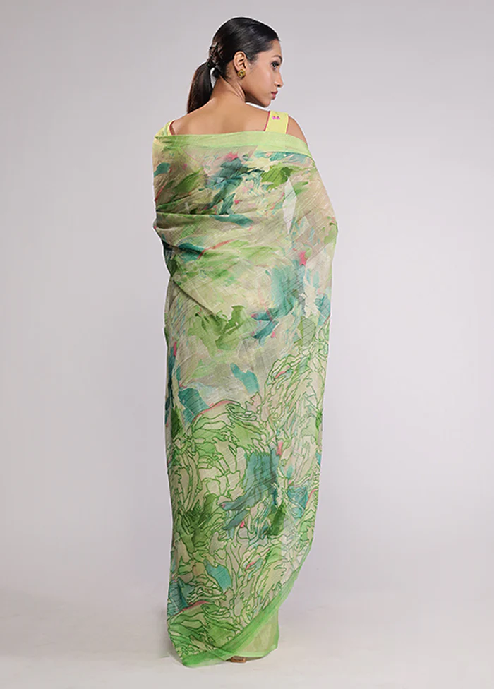 Green Chiffon Silk Saree With Blouse Piece - Image 3