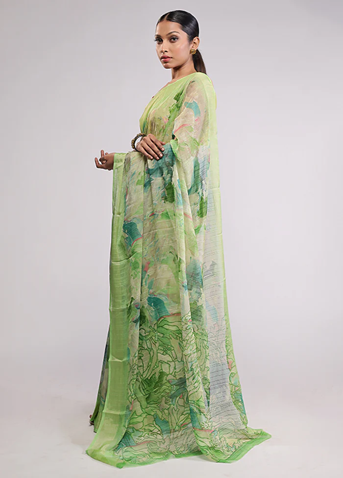 Green Chiffon Silk Saree With Blouse Piece - Image 4
