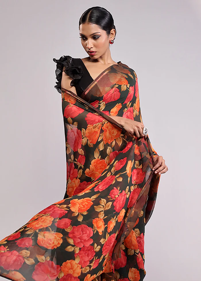 Green Chiffon Silk Saree With Blouse Piece