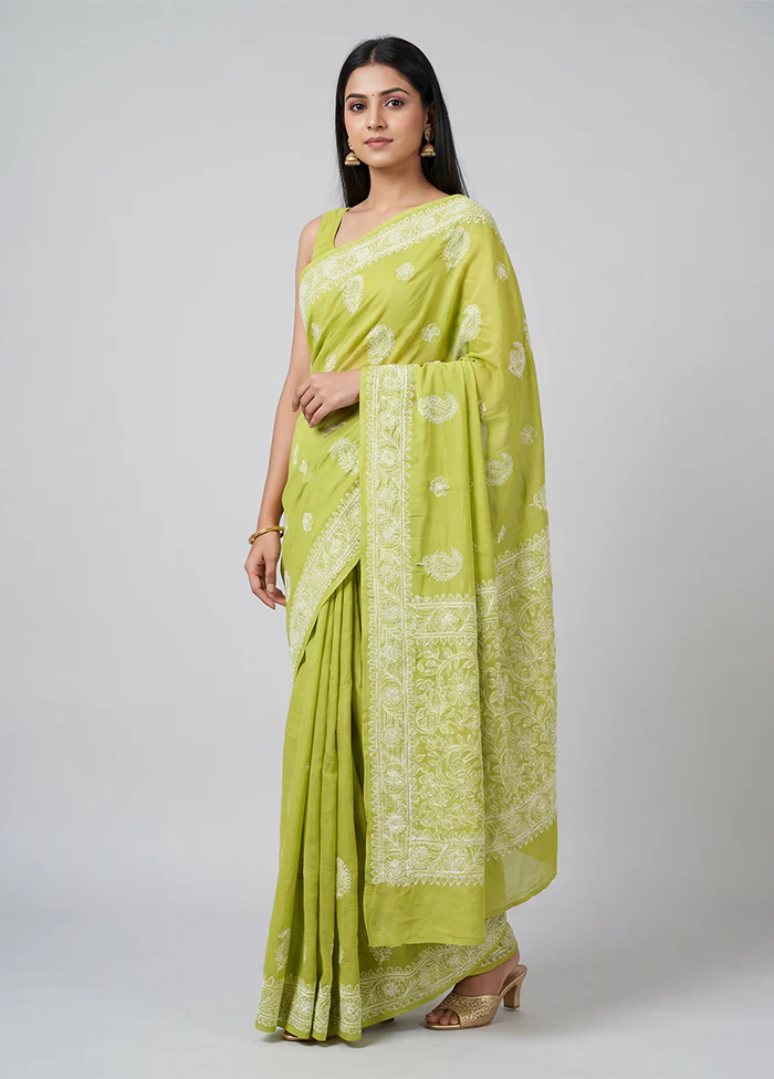 Green Chikan Silk Saree With Blouse Piece