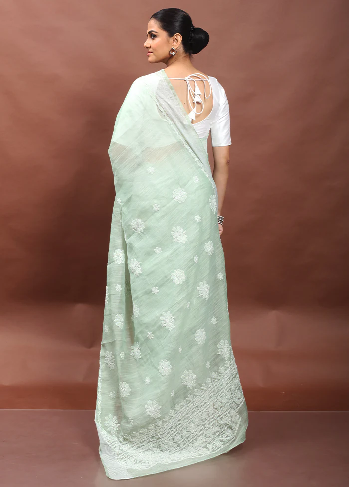 Green Chikankari Saree With Blouse Piece - Image 3
