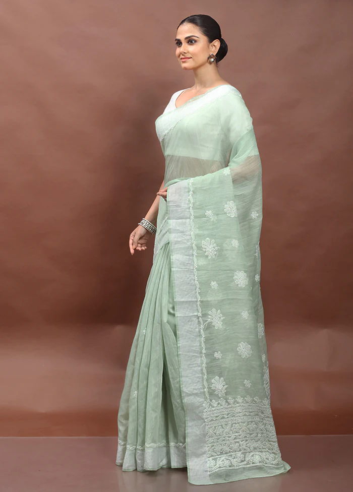 Green Chikankari Saree With Blouse Piece - Image 4