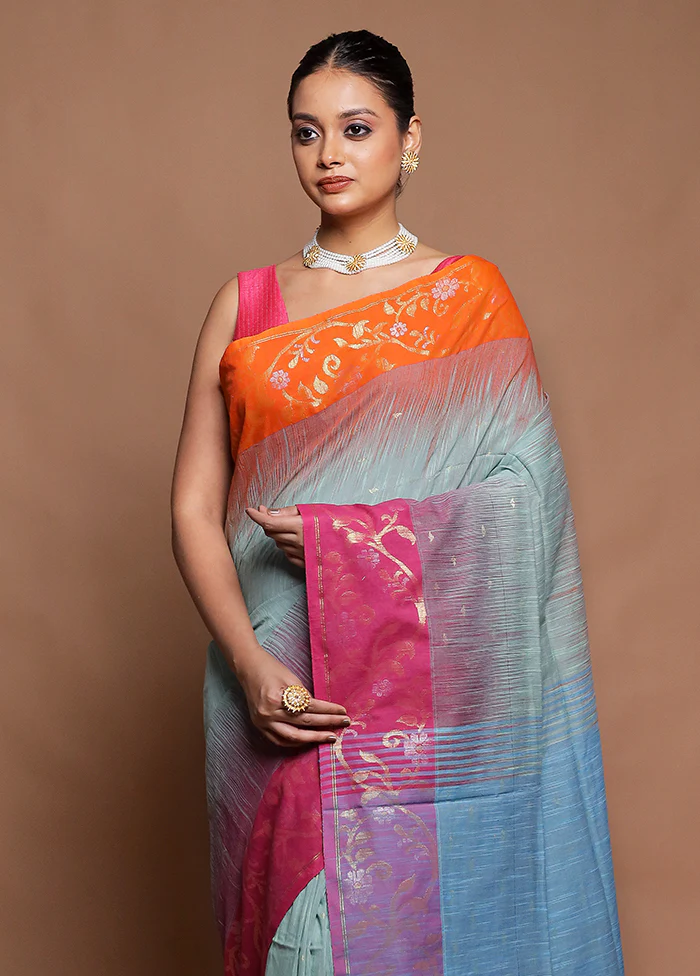 Green Cotton Saree With Blouse Piece - Image 2