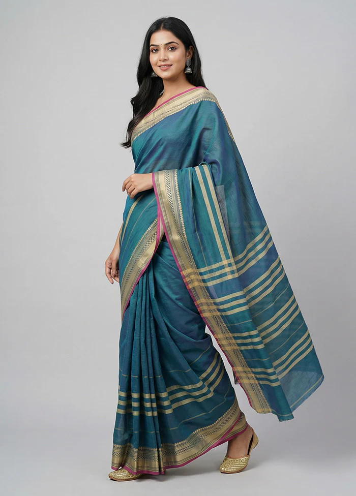 Green Cotton Saree With Blouse Piece
