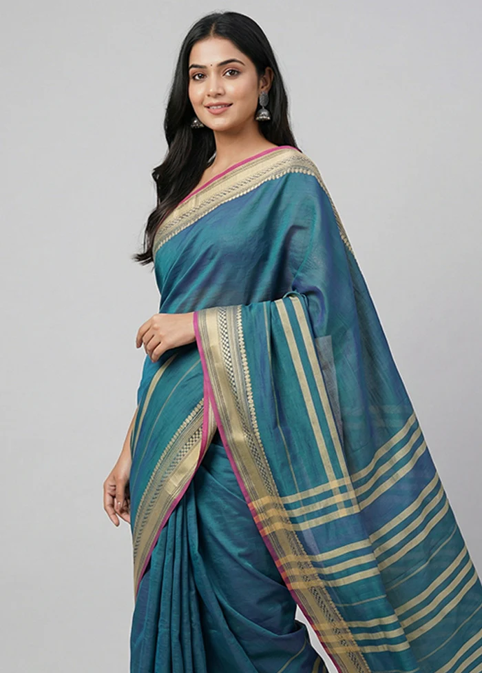 Green Cotton Saree With Blouse Piece - Image 2