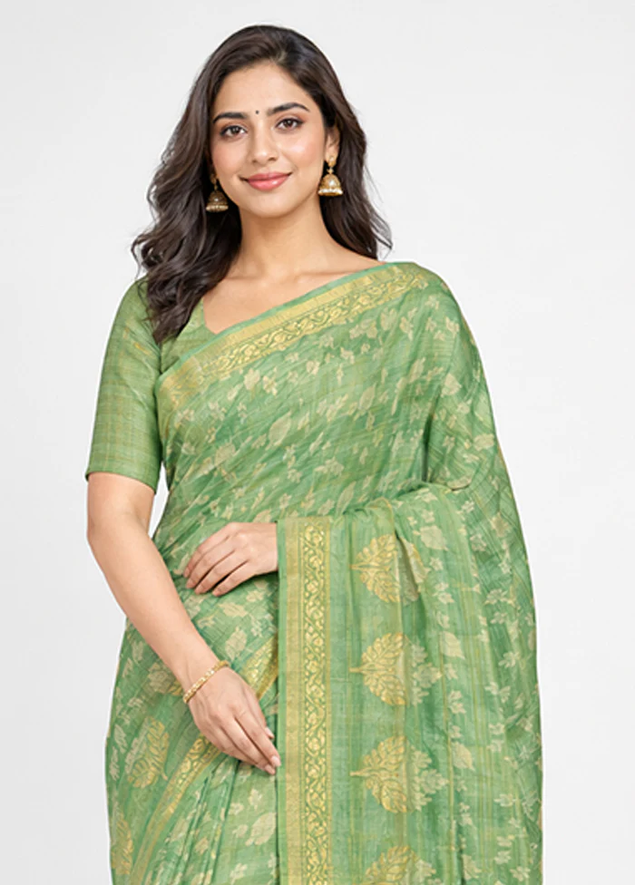 Green Cotton Saree With Blouse Piece - Image 2