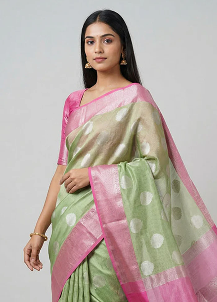 Green Cotton Saree With Blouse Piece - Image 2