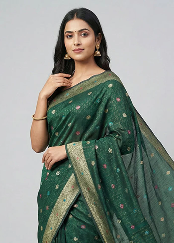 Green Cotton Saree With Blouse Piece - Image 2