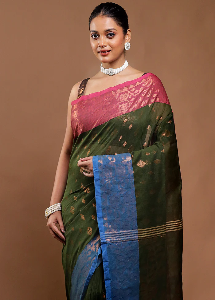 Green Cotton Saree With Blouse Piece - Image 2