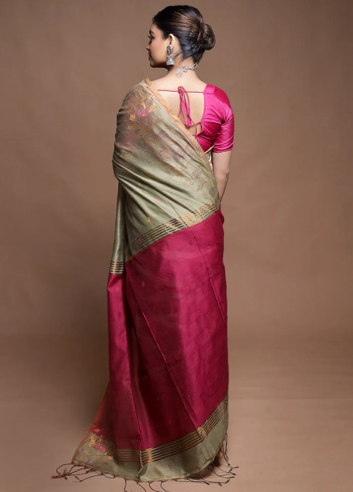 Green Cotton Saree With Blouse Piece - Image 3