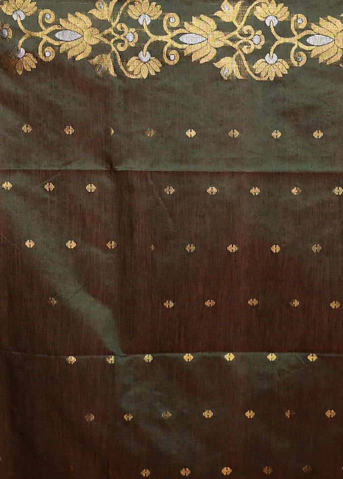 Green Cotton Saree With Blouse Piece - Image 5