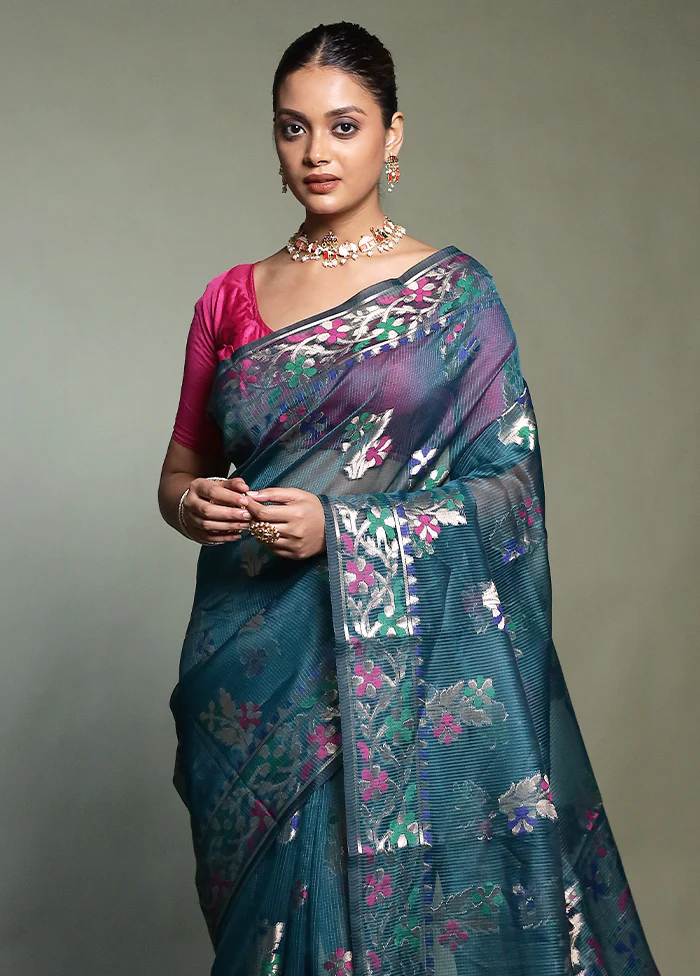 Green Kota Cotton Saree With Blouse Piece